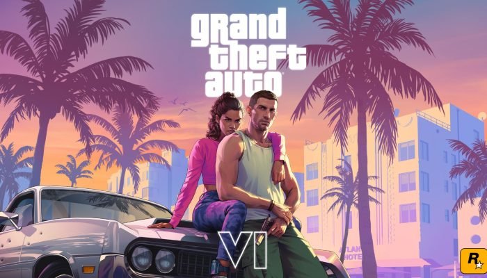 Arte promocional de GTA 6 mostra os protagonistas Lucia Caminos e Jason Duval em Vice City, cená...