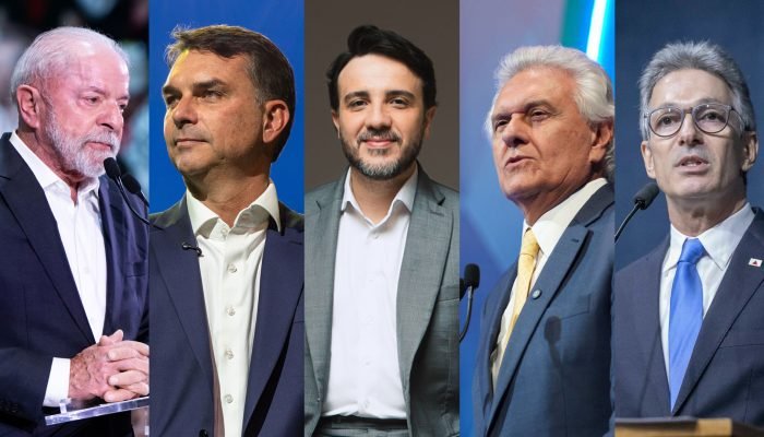 Candidatos a presidente em 2026 (a partir da esq.): Lula, Flavio Bolsonaro, Renan Santos, Ronaldo...